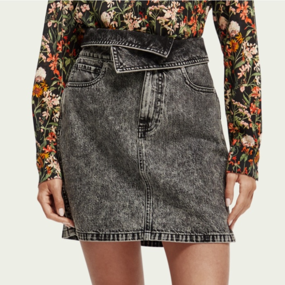 Scotch & Soda Denim Fold Over Mini Denim Skirt Black Wash sz Small $NWT $168